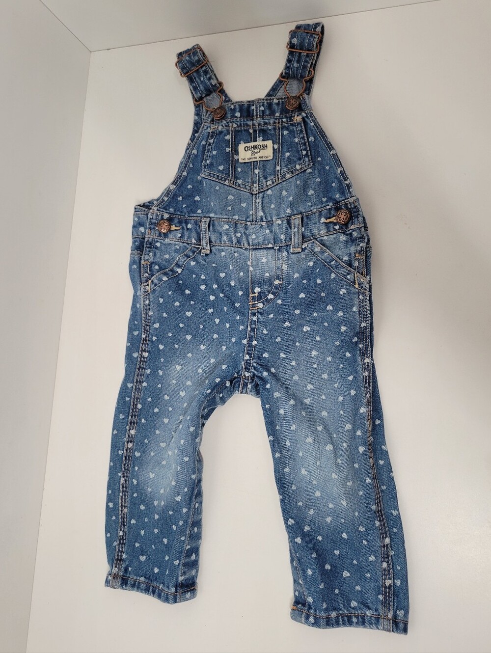 OshKosh B'gosh Blue Denim Heart Accent Overalls Pockets Girls Size 12M